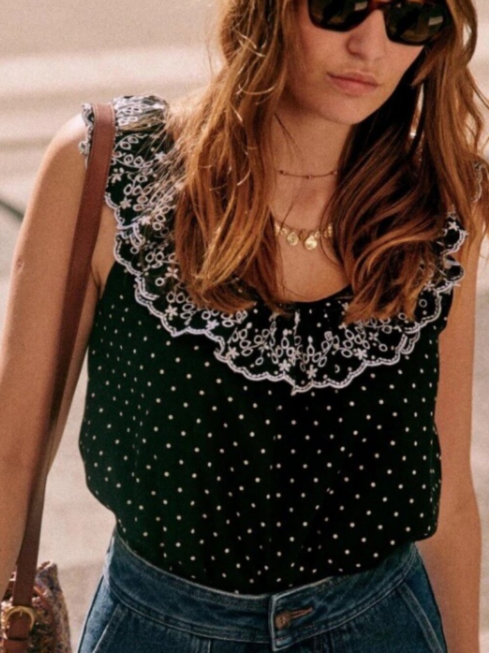 Sezane Black Polka Dot Rosa Top with White Embroidered Ruffle
